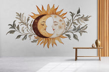 Load image into Gallery viewer, Sun and Moon Wall Decal • Boho Celestial Mural with Leaves • Spiritual Bedroom Peel &amp; Stick Wall Art • Neutral Sun Moon Sticker