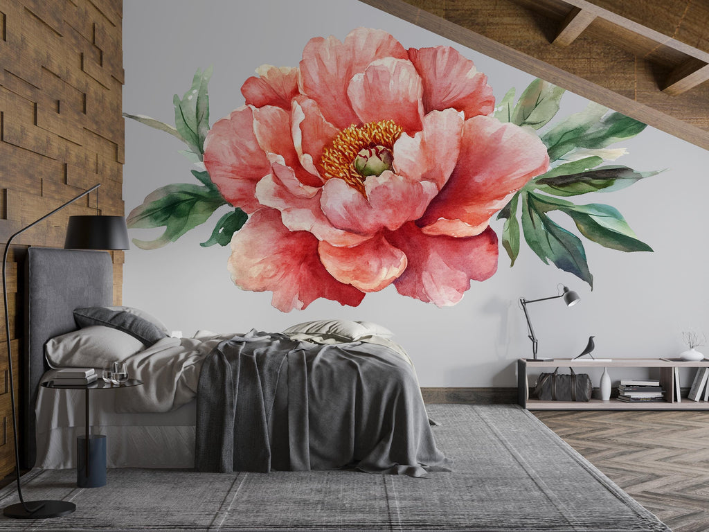 Large Peony Wall Decal • Coral Flower Mural Sticker • Watercolor Floral Bedroom Decor • Peel & Stick Wall Art • Removable Botanical Mural