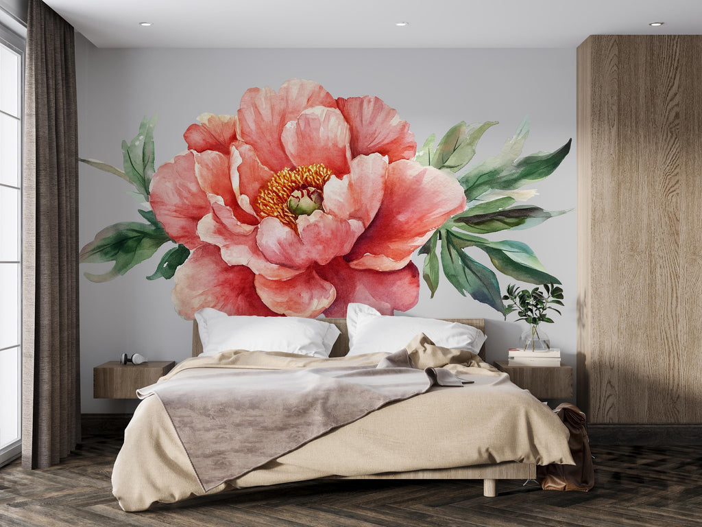 Large Peony Wall Decal • Coral Flower Mural Sticker • Watercolor Floral Bedroom Decor • Peel & Stick Wall Art • Removable Botanical Mural