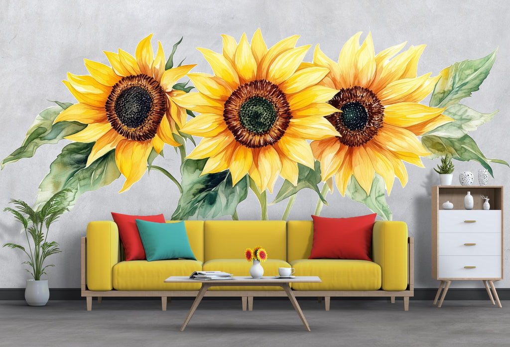 Large Sunflower Wall Decal • Bright Floral Mural Sticker • Watercolor Sunflower Wall Art • Peel & Stick Living Room Decor