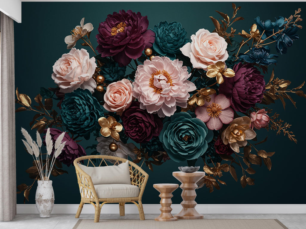 Floral Rose Wallpaper – Large Peony & Rose Mural Gold rose | Romantic Botanical Wall Art, floral Style Decor 1003RS