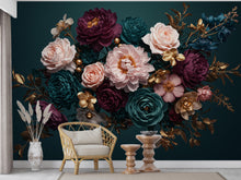 Load image into Gallery viewer, Floral Rose Wallpaper – Large Peony &amp; Rose Mural Gold rose | Romantic Botanical Wall Art, floral Style Decor 1003RS