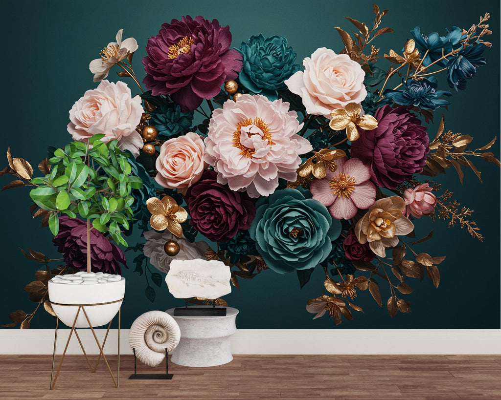 Floral Rose Wallpaper – Large Peony & Rose Mural Gold rose | Romantic Botanical Wall Art, floral Style Decor 1003RS