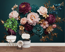 Load image into Gallery viewer, Floral Rose Wallpaper – Large Peony &amp; Rose Mural Gold rose | Romantic Botanical Wall Art, floral Style Decor 1003RS