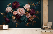 Load image into Gallery viewer, Floral Rose Wallpaper – Large Peony &amp; Rose Mural Gold rose | Romantic Botanical Wall Art, floral Style Decor 1003RS