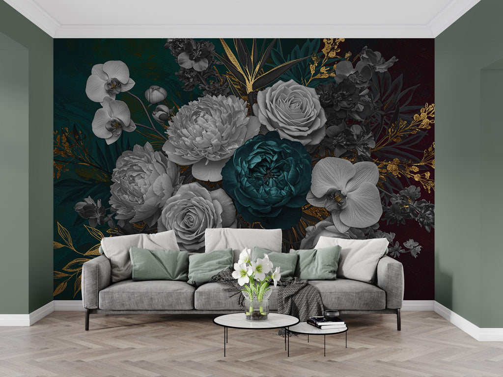 Floral Rose Wallpaper – Large Peony & Rose Mural Gold rose | Romantic Botanical Wall Art, floral Style Decor 1004RS