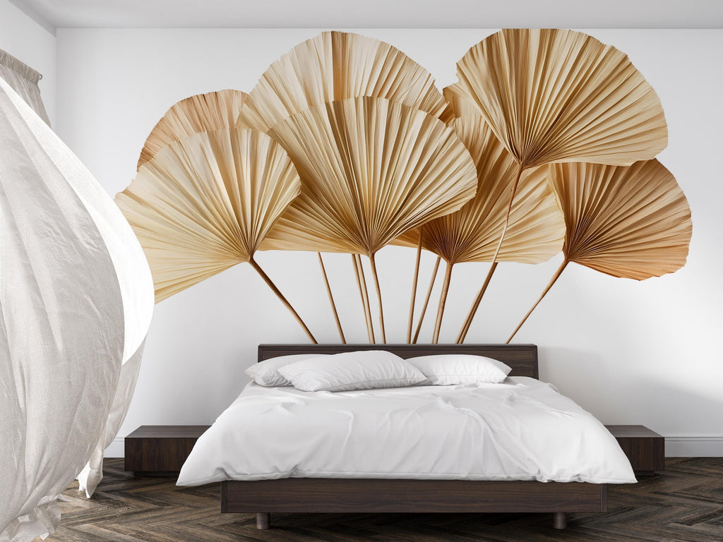 Boho Palm Leaf Wall Decal • Neutral Dried Palm Mural Sticker • Beige Botanical Wall Art • Peel & Stick Bedroom Decor • Removable Wall Mural