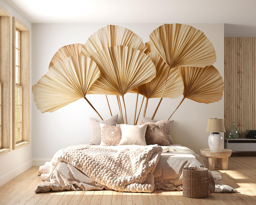 Boho Palm Leaf Wall Decal • Neutral Dried Palm Mural Sticker • Beige Botanical Wall Art • Peel & Stick Bedroom Decor • Removable Wall Mural
