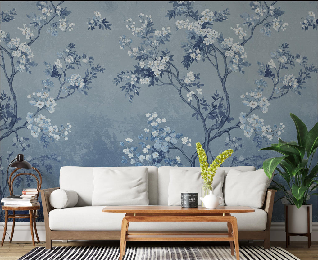 Blue Chinoiserie Tree Wallpaper Mural – Icy Blue & Navy Blossoms, Elegant Curved Branches, Luxury Sapphire Botanical Wall Art 189DE