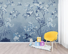 Load image into Gallery viewer, Blue Chinoiserie Tree Wallpaper Mural – Icy Blue &amp; Navy Blossoms, Elegant Curved Branches, Luxury Sapphire Botanical Wall Art 189DE