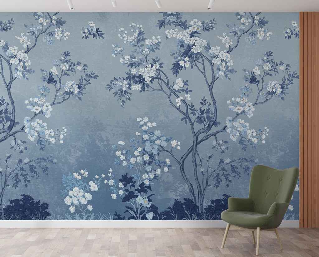 Blue Chinoiserie Tree Wallpaper Mural – Icy Blue & Navy Blossoms, Elegant Curved Branches, Luxury Sapphire Botanical Wall Art 189DE