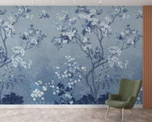 Load image into Gallery viewer, Blue Chinoiserie Tree Wallpaper Mural – Icy Blue &amp; Navy Blossoms, Elegant Curved Branches, Luxury Sapphire Botanical Wall Art 189DE