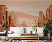 Load image into Gallery viewer, Desert Canyon Cactus Wallpaper Mural – Terracotta &amp; Sandstone Watercolor, Gold-Edged Cactus Silhouettes, Dramatic Natural Wall Art 190DE