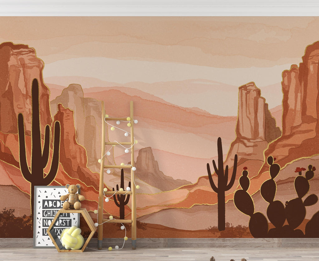 Desert Canyon Cactus Wallpaper Mural – Terracotta & Sandstone Watercolor, Gold-Edged Cactus Silhouettes, Dramatic Natural Wall Art 190DE
