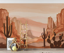 Load image into Gallery viewer, Desert Canyon Cactus Wallpaper Mural – Terracotta &amp; Sandstone Watercolor, Gold-Edged Cactus Silhouettes, Dramatic Natural Wall Art 190DE