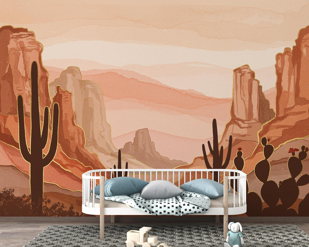 Desert Canyon Cactus Wallpaper Mural – Terracotta & Sandstone Watercolor, Gold-Edged Cactus Silhouettes, Dramatic Natural Wall Art 190DE