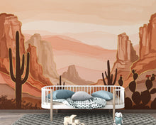 Load image into Gallery viewer, Desert Canyon Cactus Wallpaper Mural – Terracotta &amp; Sandstone Watercolor, Gold-Edged Cactus Silhouettes, Dramatic Natural Wall Art 190DE
