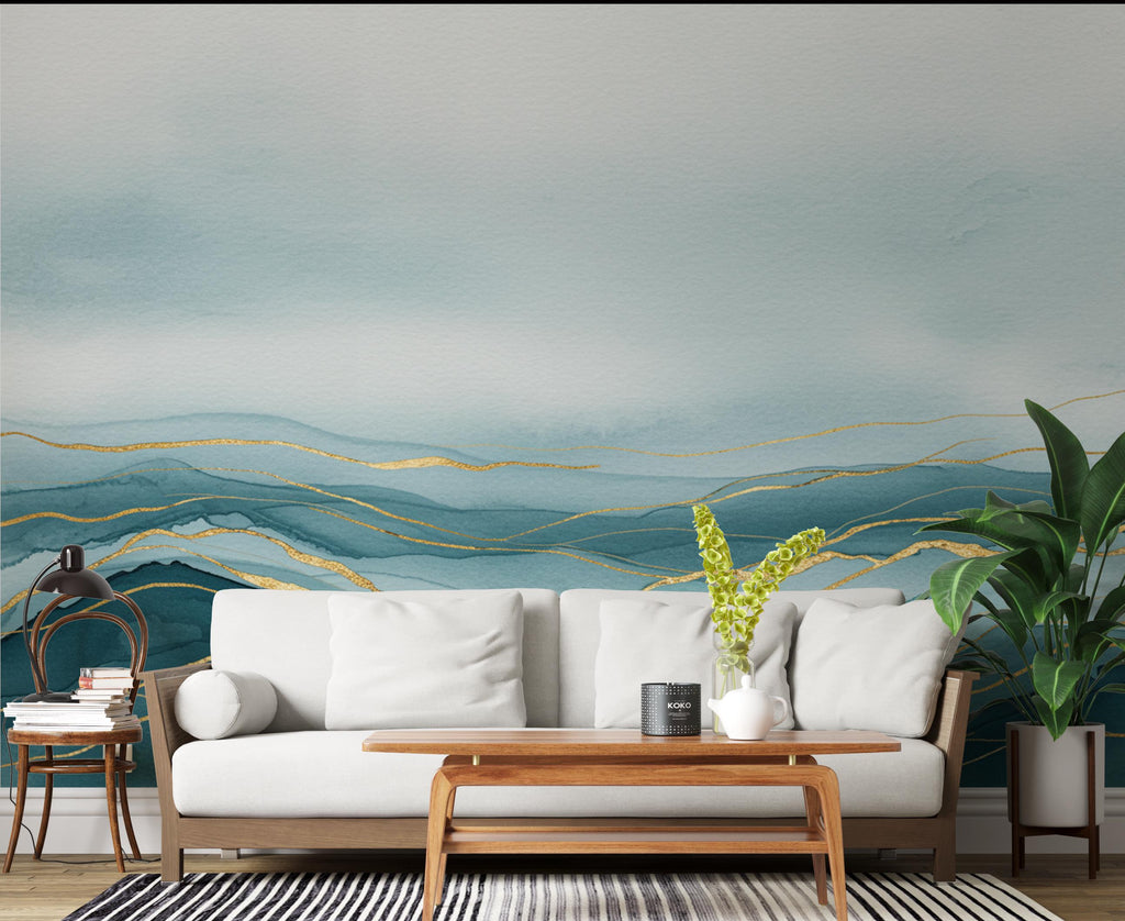 Luxury Ocean View Wallpaper Mural – Deep Teal Watercolor Waves, Gold-Accented Crests, Misty Cyan & White Coastal Wall Art 191DE