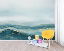 Load image into Gallery viewer, Luxury Ocean View Wallpaper Mural – Deep Teal Watercolor Waves, Gold-Accented Crests, Misty Cyan &amp; White Coastal Wall Art 191DE