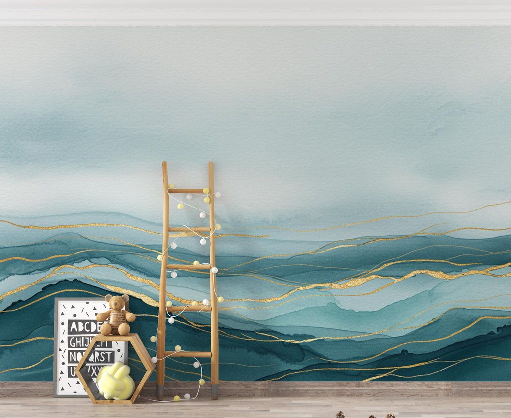 Luxury Ocean View Wallpaper Mural – Deep Teal Watercolor Waves, Gold-Accented Crests, Misty Cyan & White Coastal Wall Art 191DE