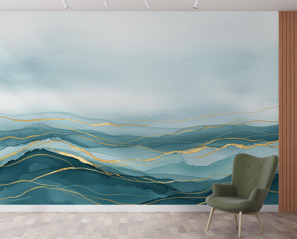 Luxury Ocean View Wallpaper Mural – Deep Teal Watercolor Waves, Gold-Accented Crests, Misty Cyan & White Coastal Wall Art 191DE