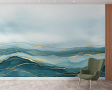 Load image into Gallery viewer, Luxury Ocean View Wallpaper Mural – Deep Teal Watercolor Waves, Gold-Accented Crests, Misty Cyan &amp; White Coastal Wall Art 191DE
