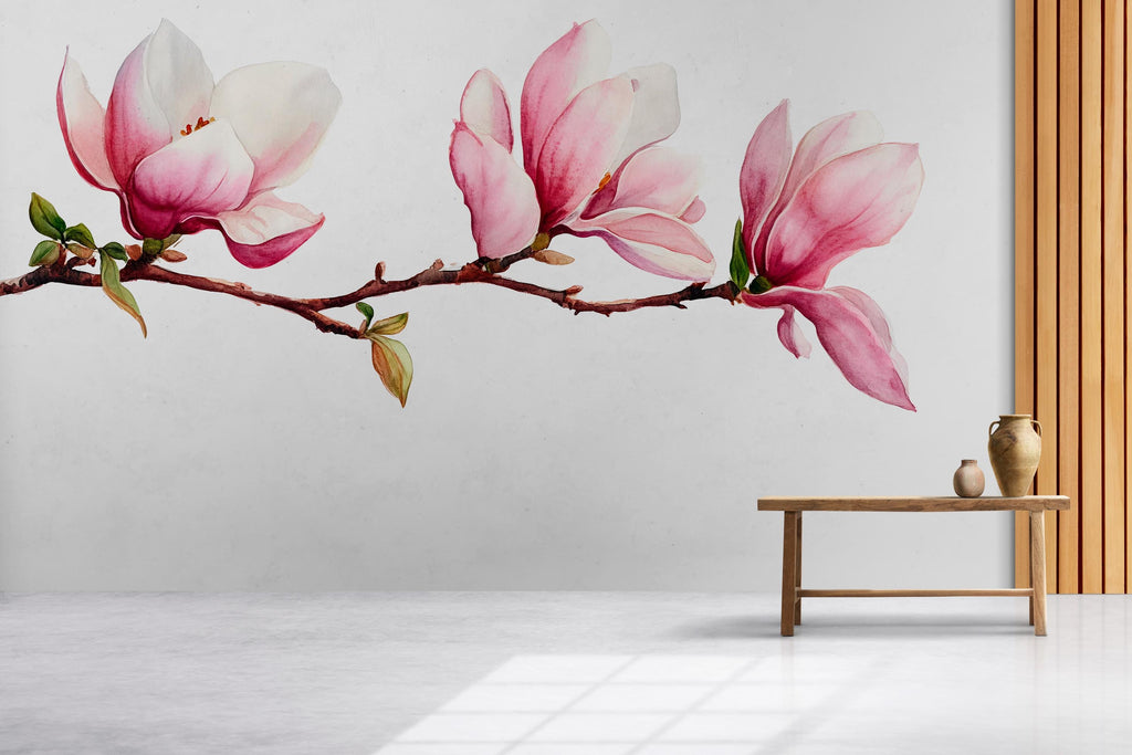 Magnolia Wall Decal • Large Watercolor Flower Branch Mural • Pink Floral Peel & Stick Wall Art • Removable Bedroom Sticker • Botanical Decor