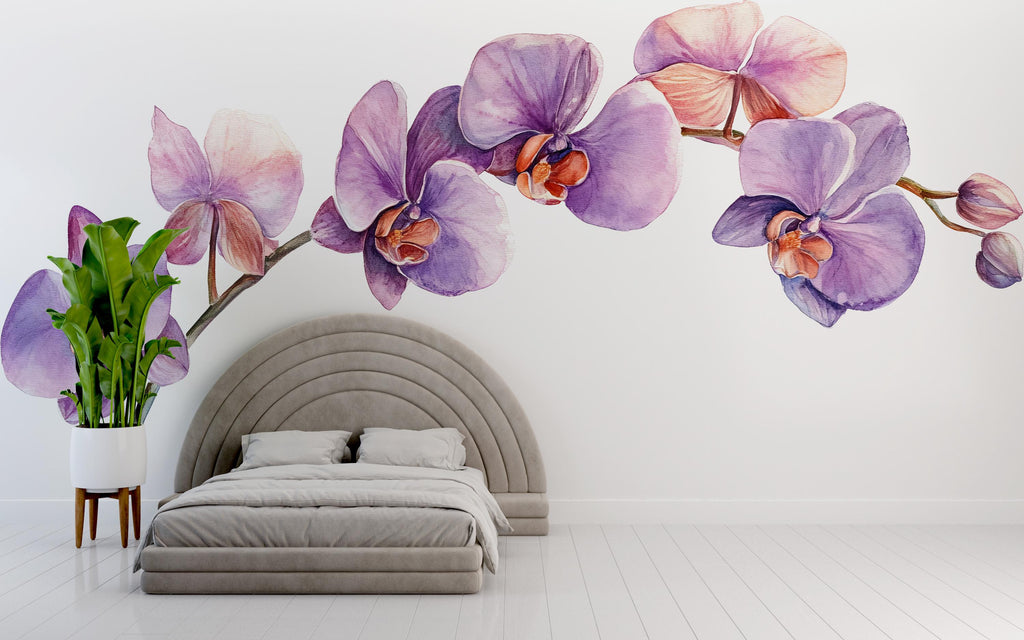 Purple Orchid Wall Decal • Watercolor Flower Branch Mural • Large Floral Peel & Stick Wall Art • Removable Bedroom Decor • Botanical Sticker
