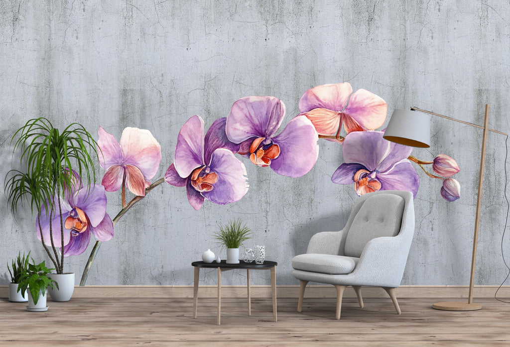 Purple Orchid Wall Decal • Watercolor Flower Branch Mural • Large Floral Peel & Stick Wall Art • Removable Bedroom Decor • Botanical Sticker