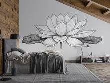 Load image into Gallery viewer, Large Lotus Flower Wall Decal • Minimalist Line Art Floral Mural • Black and White Botanical Wall Sticker for Bedroom, Yoga or Meditation