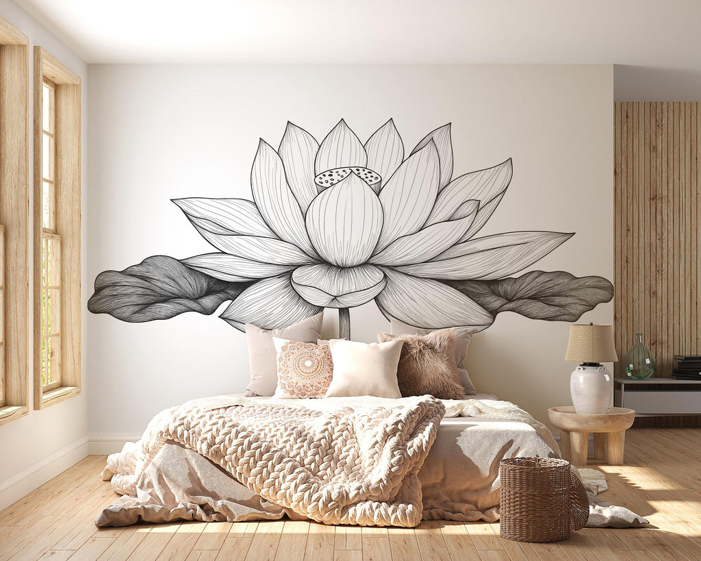 Large Lotus Flower Wall Decal • Minimalist Line Art Floral Mural • Black and White Botanical Wall Sticker for Bedroom, Yoga or Meditation