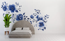 Load image into Gallery viewer, Blue Floral Wall Decal • Large Watercolor Flower Mural • Elegant Peel &amp; Stick Bedroom Wall Sticker • Botanical Wall Art for Home Decor