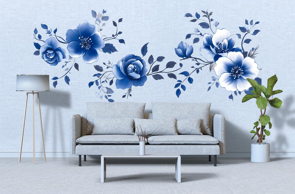 Blue Floral Wall Decal • Large Watercolor Flower Mural • Elegant Peel & Stick Bedroom Wall Sticker • Botanical Wall Art for Home Decor