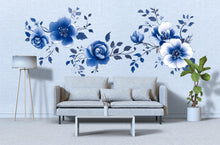 Load image into Gallery viewer, Blue Floral Wall Decal • Large Watercolor Flower Mural • Elegant Peel &amp; Stick Bedroom Wall Sticker • Botanical Wall Art for Home Decor