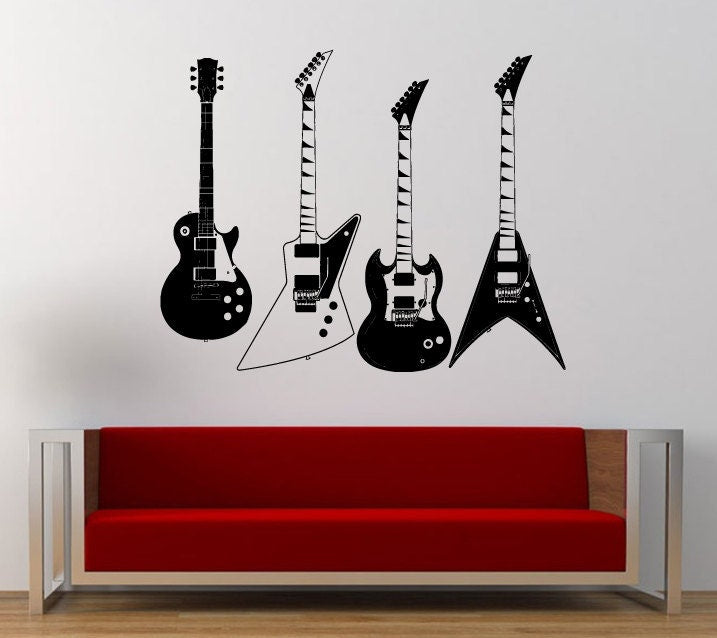 Four Electric Guitars Collection Music Rock Instrument Wall Decal Sticker Vinyl Mural Leaving Bedroom Room Home Decor FREE SHIPPING L371