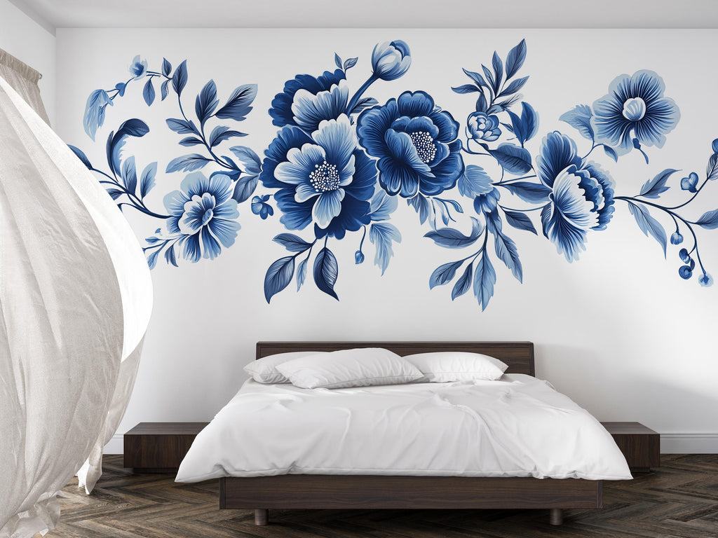 Blue Floral Wall Decal • Large Watercolor Flower Mural • Elegant Botanical Peel And Stick Wall Sticker for Bedroom, Living Room & Home Decor