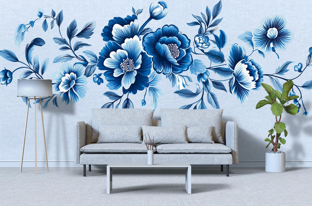 Blue Floral Wall Decal • Large Watercolor Flower Mural • Elegant Botanical Peel And Stick Wall Sticker for Bedroom, Living Room & Home Decor
