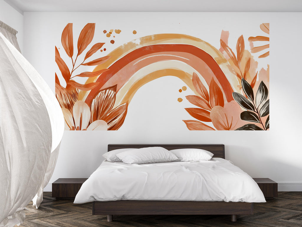 Boho Terracotta Rainbow Wall Decal • Large Floral Mural • Warm Earth Tone Peel and Stick Wall Sticker for Bedroom, Nursery & Home Decor