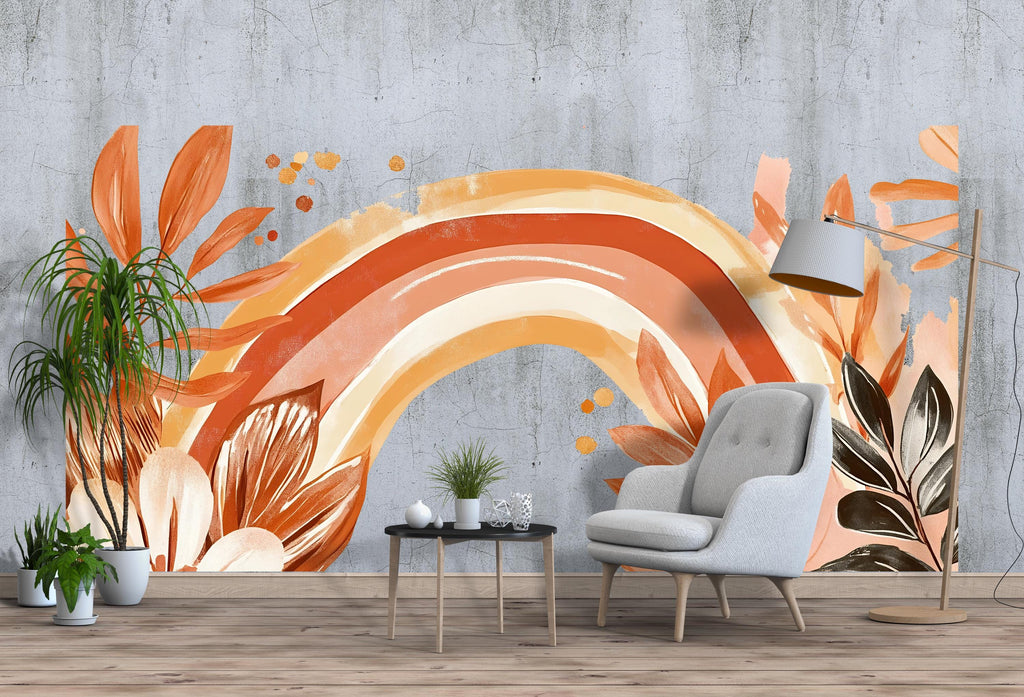 Boho Terracotta Rainbow Wall Decal • Large Floral Mural • Warm Earth Tone Peel and Stick Wall Sticker for Bedroom, Nursery & Home Decor