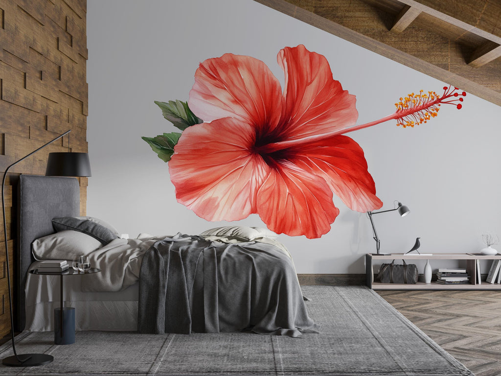 Giant Red Hibiscus Wall Decal • Tropical Flower Mural • Large Peel & Stick Wall Sticker • Botanical Bedroom Decor • Island Floral Wall Art