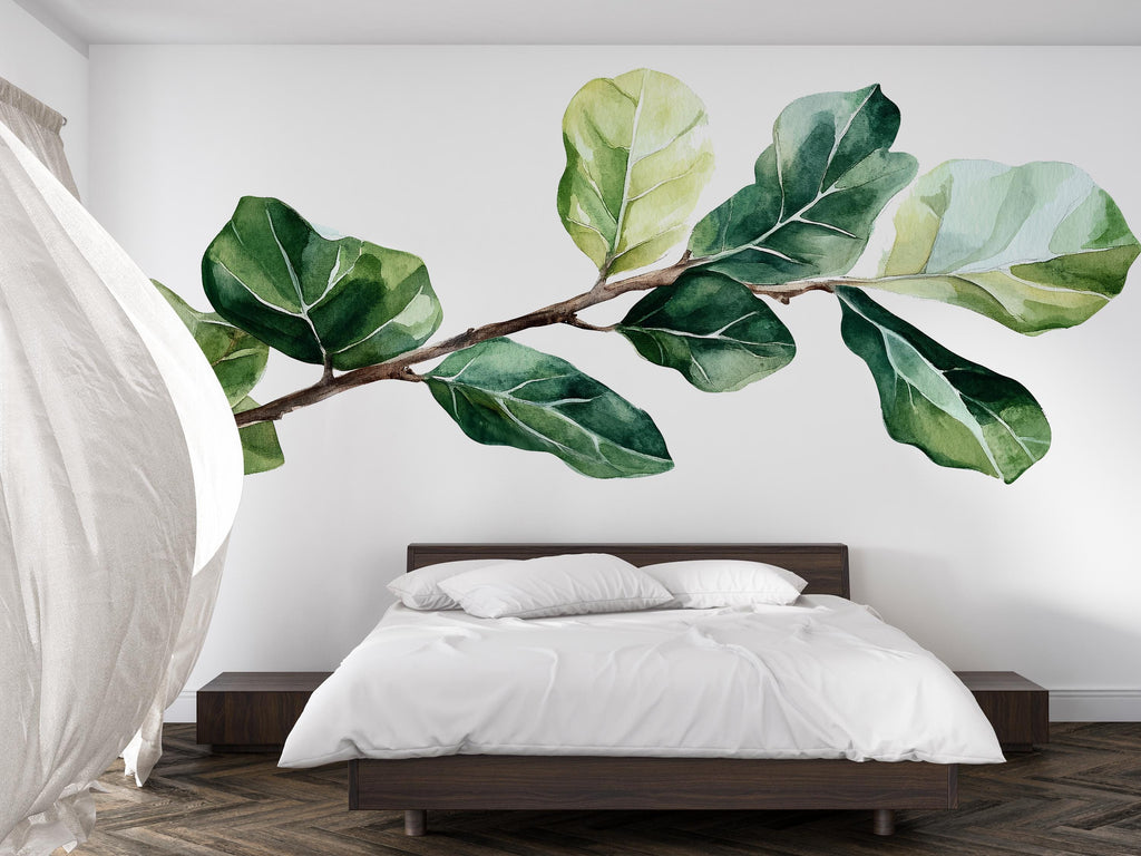 Fiddle Leaf Fig Wall Decal • Large Green Leaf Branch Sticker • Botanical Wall Art • Removable Peel & Stick Mural • Nature Bedroom Decor