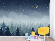 Load image into Gallery viewer, Dreamy Night Forest Wallpaper Mural – Watercolor Evergreen Trees, Crescent Moon &amp; Stars, Misty Blue Woodland Wall Art for Nursery Room 192DE