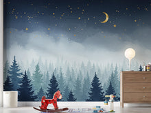 Load image into Gallery viewer, Dreamy Night Forest Wallpaper Mural – Watercolor Evergreen Trees, Crescent Moon &amp; Stars, Misty Blue Woodland Wall Art for Nursery Room 192DE