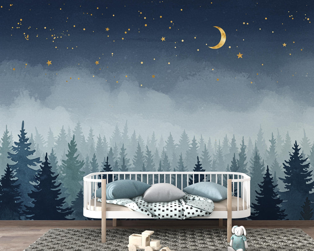 Dreamy Night Forest Wallpaper Mural – Watercolor Evergreen Trees, Crescent Moon & Stars, Misty Blue Woodland Wall Art for Nursery Room 192DE