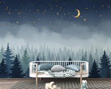 Load image into Gallery viewer, Dreamy Night Forest Wallpaper Mural – Watercolor Evergreen Trees, Crescent Moon &amp; Stars, Misty Blue Woodland Wall Art for Nursery Room 192DE
