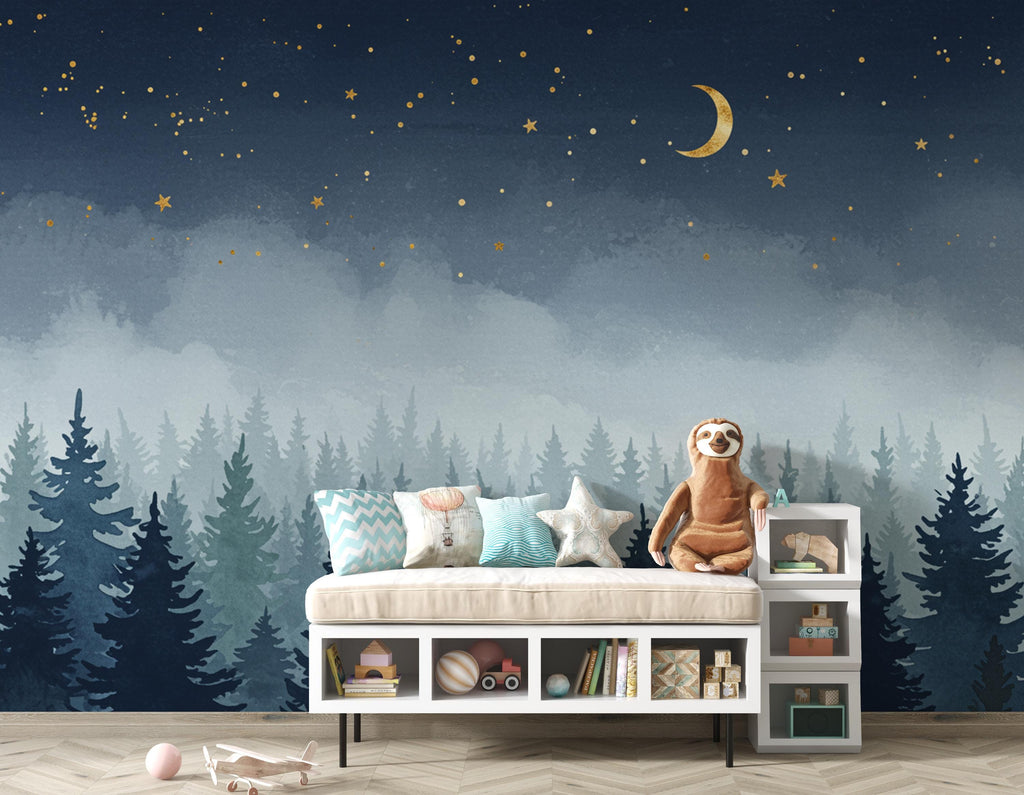 Dreamy Night Forest Wallpaper Mural – Watercolor Evergreen Trees, Crescent Moon & Stars, Misty Blue Woodland Wall Art for Nursery Room 192DE