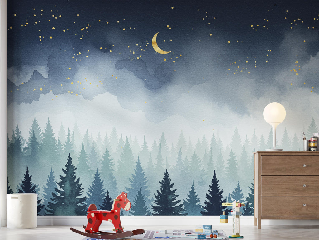 Dreamy Night Forest Wallpaper Mural – Watercolor Evergreen Trees, Crescent Moon & Stars, Misty Blue Woodland Wall Art for Nursery Room 194DE