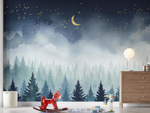 Load image into Gallery viewer, Dreamy Night Forest Wallpaper Mural – Watercolor Evergreen Trees, Crescent Moon &amp; Stars, Misty Blue Woodland Wall Art for Nursery Room 194DE