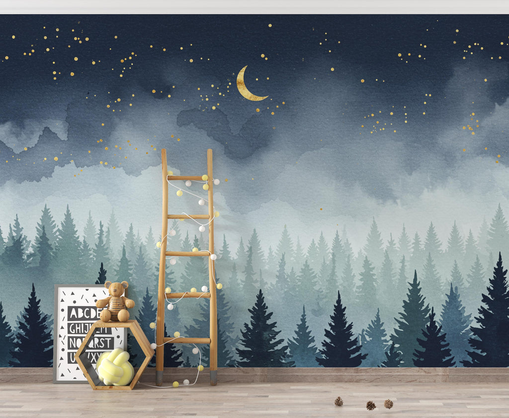 Dreamy Night Forest Wallpaper Mural – Watercolor Evergreen Trees, Crescent Moon & Stars, Misty Blue Woodland Wall Art for Nursery Room 194DE