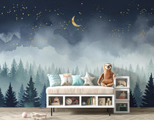 Load image into Gallery viewer, Dreamy Night Forest Wallpaper Mural – Watercolor Evergreen Trees, Crescent Moon &amp; Stars, Misty Blue Woodland Wall Art for Nursery Room 194DE